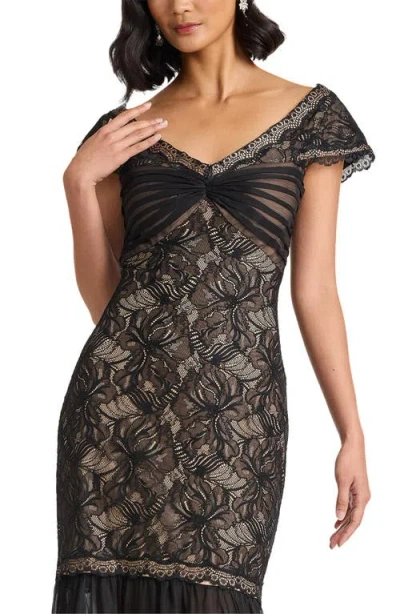 Tadashi Shoji Off The Shoulder Mixed Media Lace Gown In Black