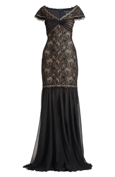 Tadashi Shoji Off The Shoulder Mixed Media Lace Gown In Black