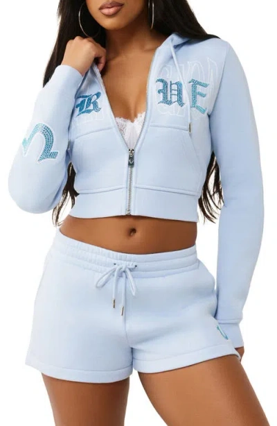 True Religion Embellished Logo Crop Hoodie In Blue