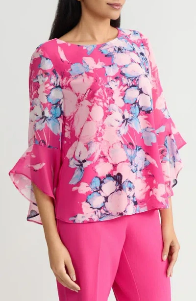 Kasper Printed Ruffle Sleeve Top In Pink