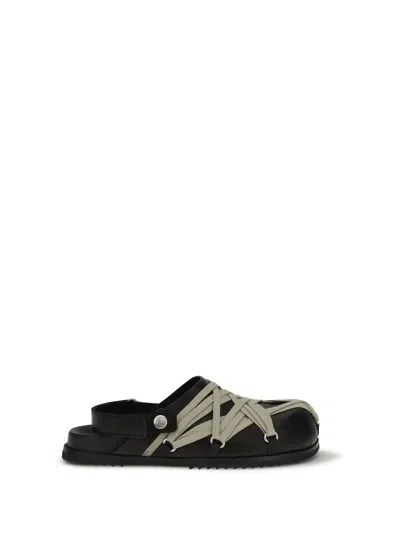 Rick Owens Megalace Mule Granola Black Leather Sandals