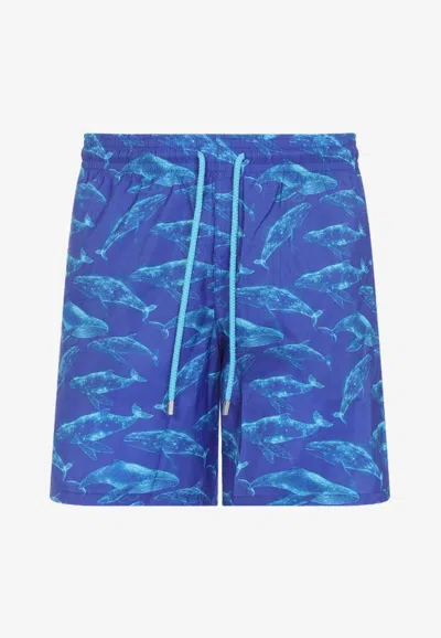 Vilebrequin Men Long Ultra-light And Packable Swim Shorts Sparkling Whales In Blue