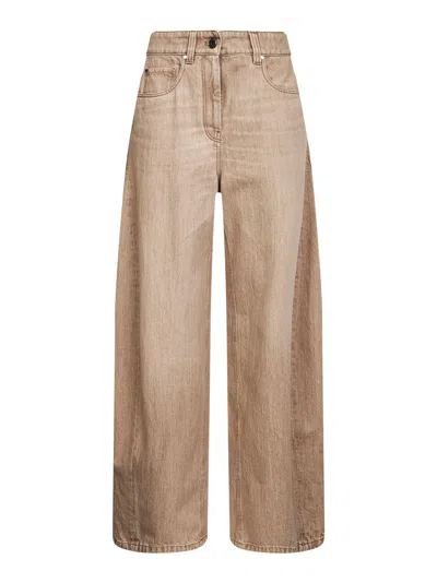 Brunello Cucinelli Women Beige Authentic Denim Wide Jeans With Monili In Neutral