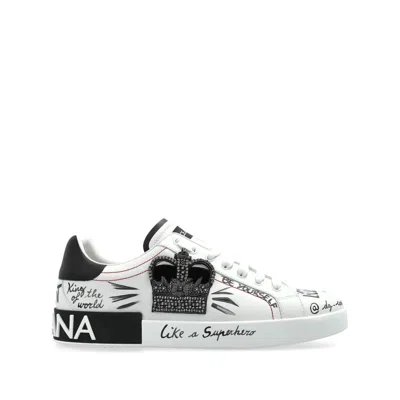 Dolce & Gabbana White Low Top Sneakers With Logo Patch On The Tongue And All-over Print In Leather Man In White