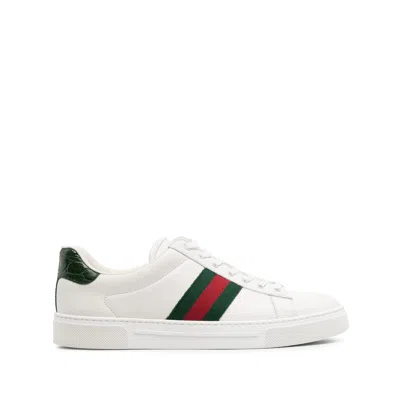 Gucci Women White Leather Ace Sneakers With Web Detail In White