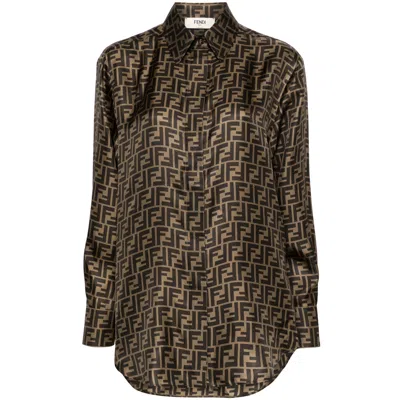 Fendi Silk Shirt With Curved Hem And Fabric-covered Buttons In Brown