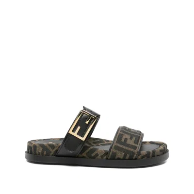 Fendi Leather Sandals With Double Strap And Buckle In Black