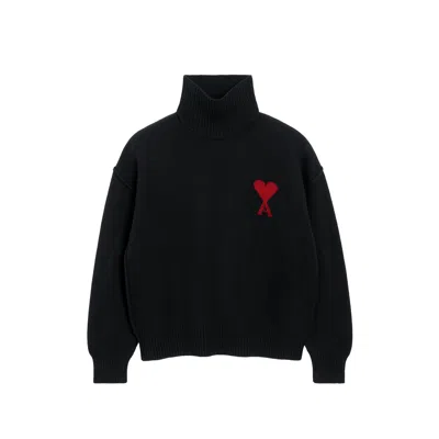 Ami Alexandre Mattiussi Ami Paris Funnel-neck Sweater With Heart Intarsia Design In Black