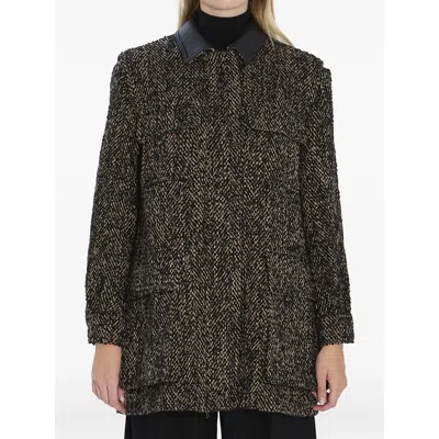 Max Mara Herringbone Pattern Wool Jacket With Leather Collar In Green