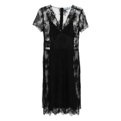 Prada Scalloped Lace Midi Dress In Black