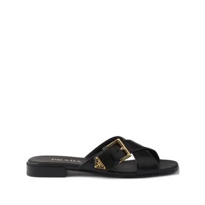 Prada Leather Crisscross Slides With Buckle Shoes In Black