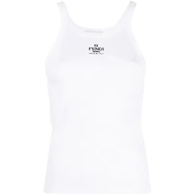 Fendi Women White Ribbed Tank Top With Contrasting Logo Embroidery In Stretch Cotton Woman