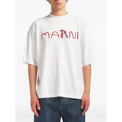 Marni Cotton T-shirt With Flocked Animal Alphabet Logo In White