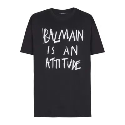 Balmain Crew Neck T Shirt Graphic Print Silk In Black