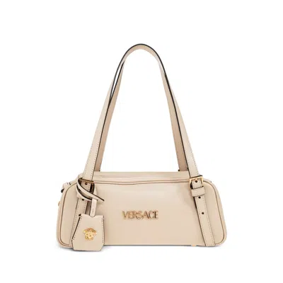 Versace Tag Bowling White Shoulder Bag With Metallic Logo Lettering And Medusa Head Pendant In Leather Woman In Neutral