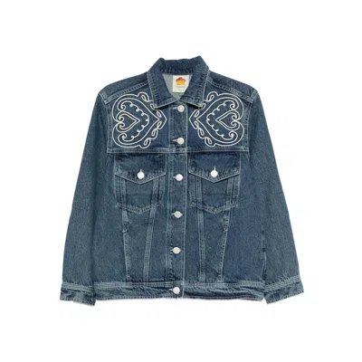 Farm Rio Denim Cornely Buttoned Embroidered Jacket In Blue