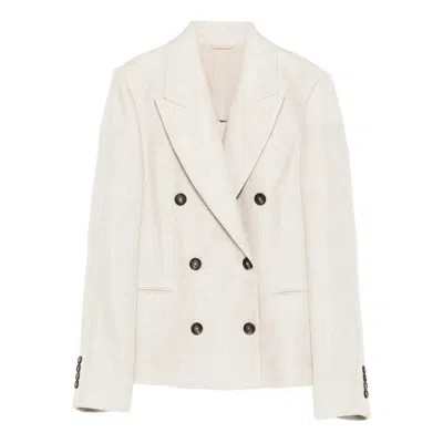 Brunello Cucinelli Women Double-breasted Jacket In Linen And Cotton With Chevron Pattern In Neutral