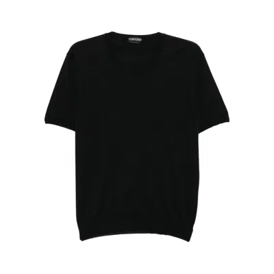 Tom Ford Black Crewneck T-shirt With Logo Embroidery On The Front In Cotton Blend Man In Black