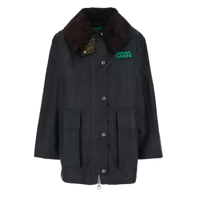 Barbour Dark Brown Jacket With All-over Stripe Motif And Logo Patch On The Front In Waxed Cotton Woman