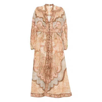 Zimmermann Wanderlust Multicolor Long Dress With V Neck And All-over Paisley Motif In Linen Woman