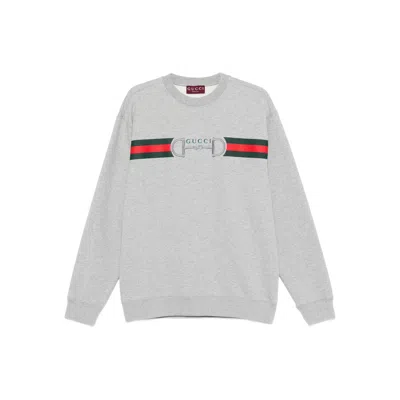 Gucci Men Grey Crewneck Sweatshirt With Logo Detail On The Front In Cotton Man In Gray