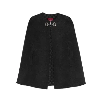 Gucci Women Black Cape With Clamp Closure On The Front And Internal Gg Motif In Wool And Silk Woman In Gray