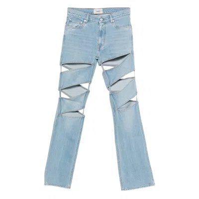 Coperni Light Blue Jeans With Cut-out Spiral Design And Logo Patch On The Rear In Denim Woman In Blue