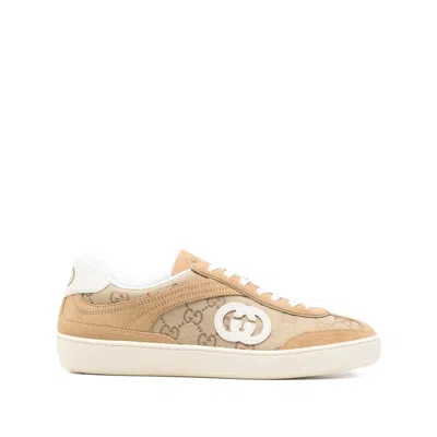 Gucci Beige G75 Sneaker In Suede And Gg Fabric Women In Brown