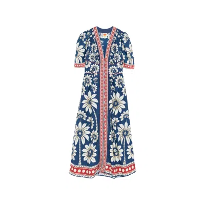 Farm Rio Luna Blue Long Dress With V Neck And All-over Floral Motif In Cotton Woman