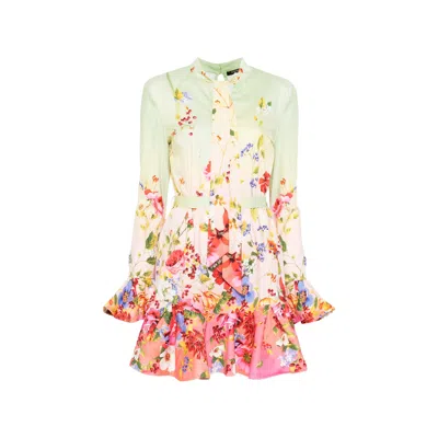 Roberto Cavalli Floral Silk Blend Dress High Neck In White