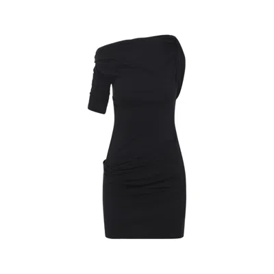 Jacquemus Asymmetrical One-shoulder Bodycon Mini Dress With Ruched Sleeve In Black