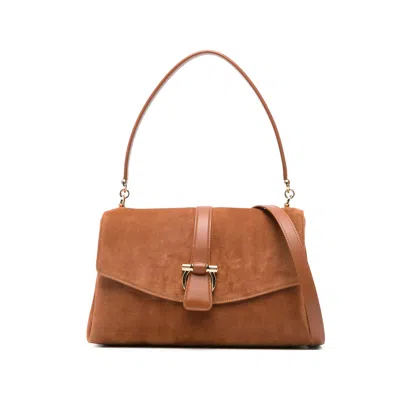 Ferragamo Suede With Gancini Hardware Shoulder Bag In Brown