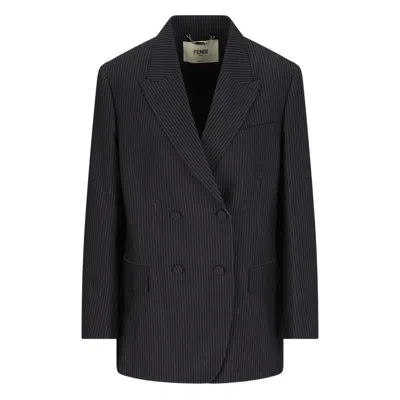 Fendi Women Blue Double-breasted Jacket With Peak Revers And Pinstripe Motif In Wool Blend Woman In Black