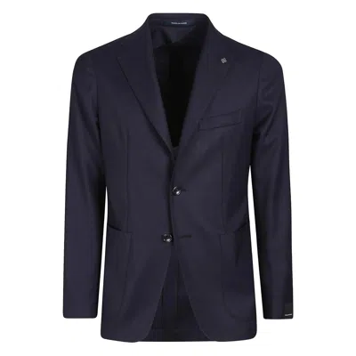 Tagliatore Single-breasted Blue Jacket With Peaked Lapel And Tailored Silhouette In Blue