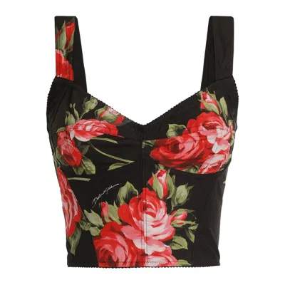 Dolce & Gabbana Top Nero In Seta Con Stampa Floreale Dolce E Gabbana In Multi