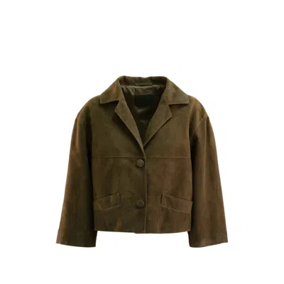 Prada Cropped Suede Jacket Notched Lapel Pockets In Green
