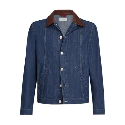 Brunello Cucinelli Men Lightweight Denim Jacket With Leather Collar In Animal Print
