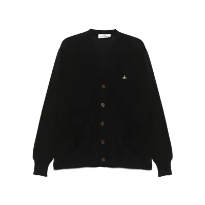 Vivienne Westwood Black V Neck Cardigan With Orb Embroidery In Cotton And Cashmere