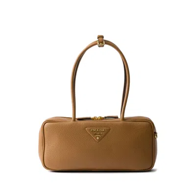 Prada Leather Shoulder Bag Double Handles Rectangular In Brown