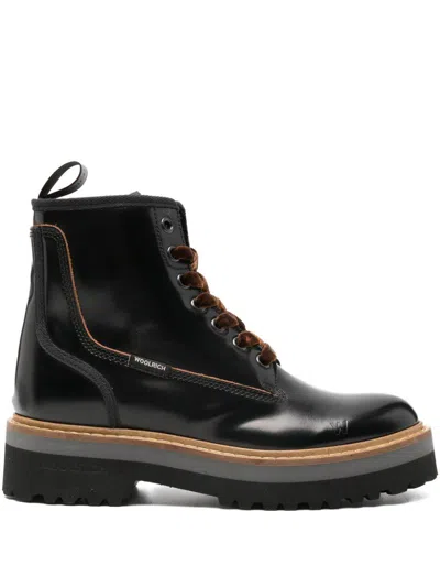 Woolrich Chunky Sole Round Toe Pull Tab Boots In Black