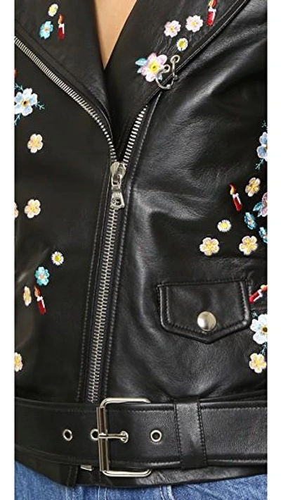 Shop Sandy Liang Floral Delancey Leather Jacket In Black Leather