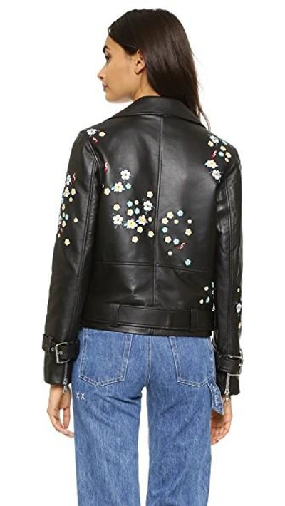 Shop Sandy Liang Floral Delancey Leather Jacket In Black Leather