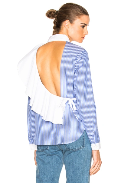 Sandy Liang Enzo Open-back Ruffled Striped Cotton-poplin Shirt In Blue