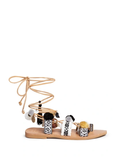 Mabu By Maria Bk 'freya' Fringed Embroidered Pompom Lace-up Leather Sandals