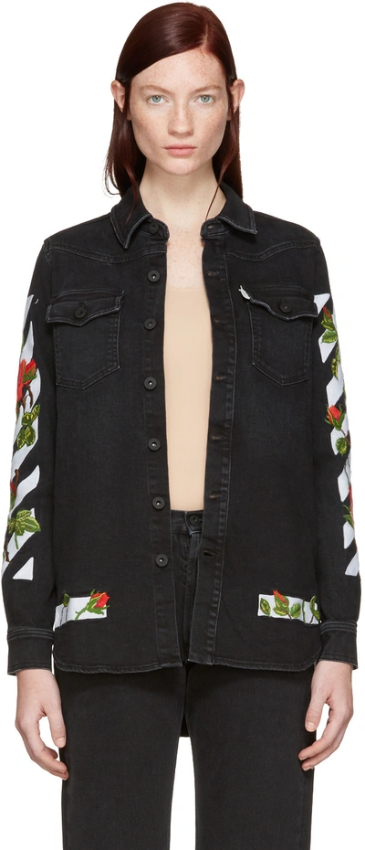 Off-white Roses Embroidered Cotton Denim Shirt, Black | ModeSens