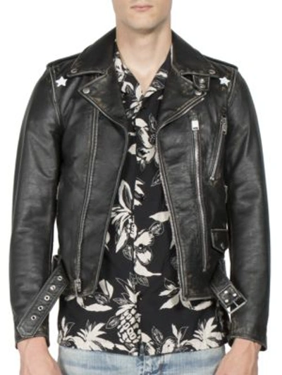 Shop Saint Laurent Distressed Calf Skin Leather Jacket In Black Multicolor