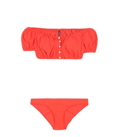 Lisa Marie Fernandez 'leandra' Seersucker Off-shoulder Bikini Set In Tomato Red