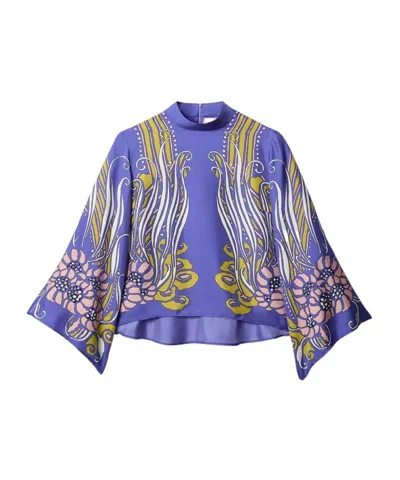 La Doublej Make An Exit Printed Silk Satin Blouse In Blue