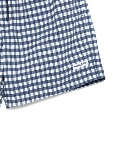 Woolrich Checkered Swim Shorts Elastic Waistband Pockets In Blue
