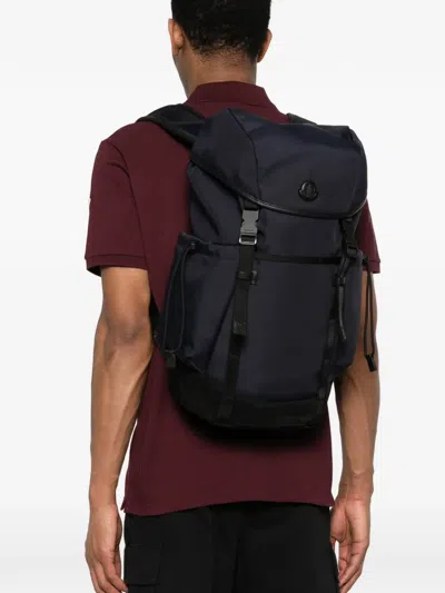 Moncler Canvas Backpack Front Flap Side Pockets In Blue